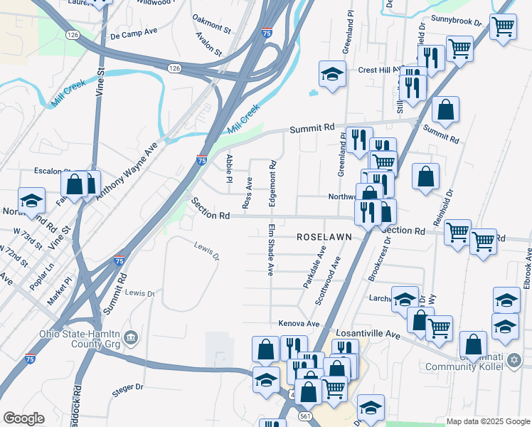 map of restaurants, bars, coffee shops, grocery stores, and more near 1436 Section Rd in Cincinnati