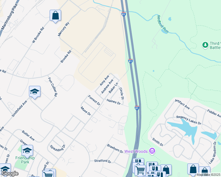 map of restaurants, bars, coffee shops, grocery stores, and more near 1241 Baker Lane in Winchester