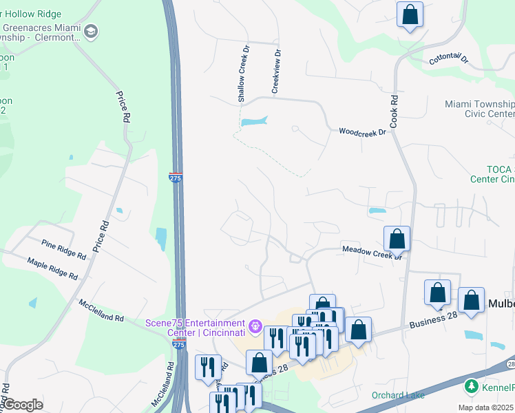 map of restaurants, bars, coffee shops, grocery stores, and more near 5931 Castlewood Crossing in Milford