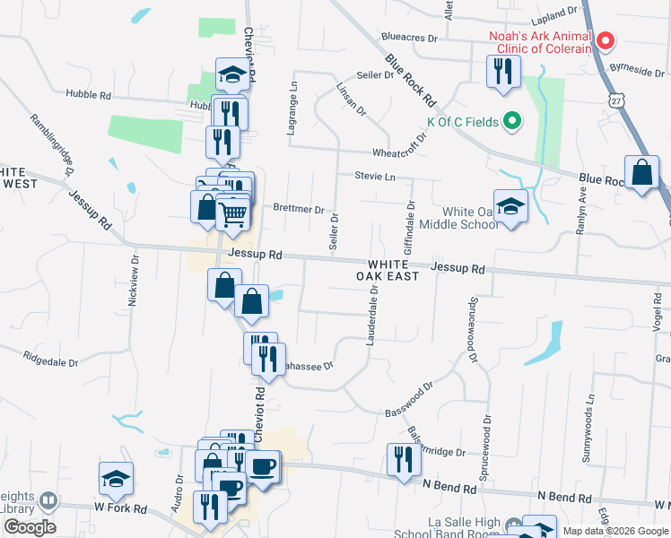 map of restaurants, bars, coffee shops, grocery stores, and more near 3401 Jessup Road in Cincinnati