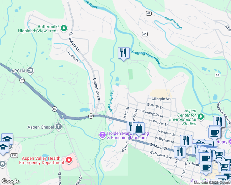 map of restaurants, bars, coffee shops, grocery stores, and more near 645 Sneaky Lane in Aspen