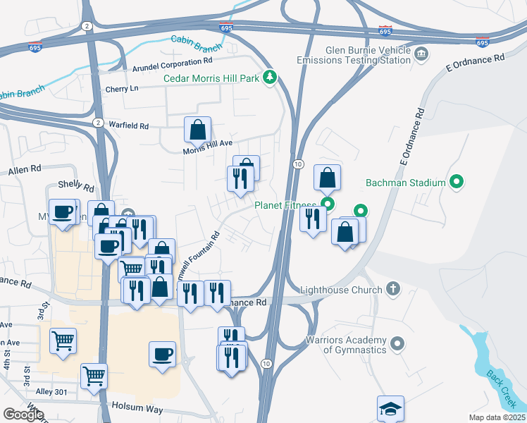 map of restaurants, bars, coffee shops, grocery stores, and more near 303 Rain Water Way in Glen Burnie