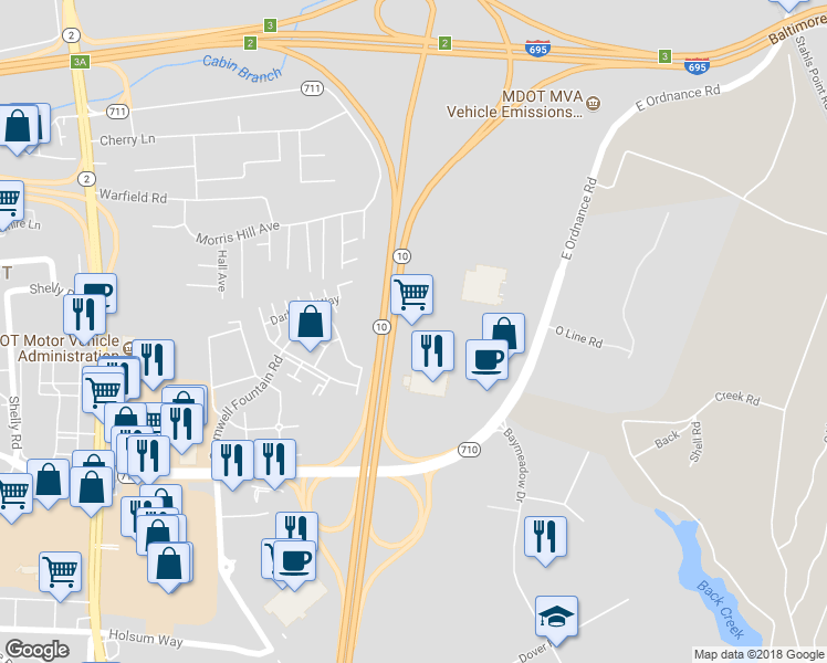 map of restaurants, bars, coffee shops, grocery stores, and more near 152 Blades Lane in Glen Burnie