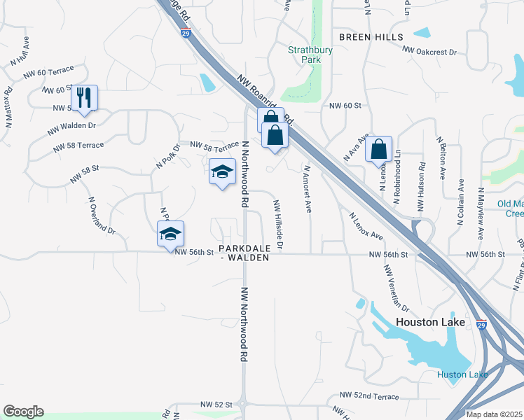 map of restaurants, bars, coffee shops, grocery stores, and more near 5631 North Strathbury Avenue in Kansas City