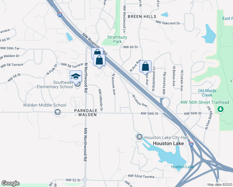 map of restaurants, bars, coffee shops, grocery stores, and more near 5701 North Amoret Avenue in Kansas City