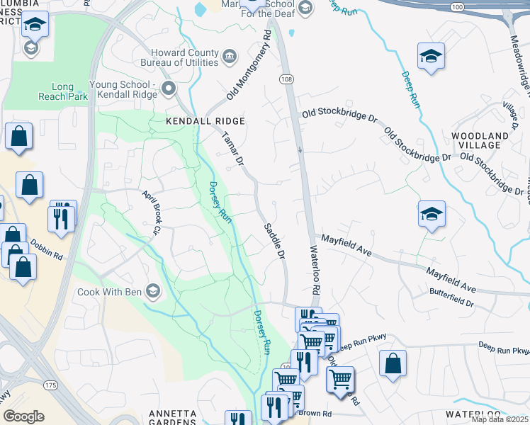 map of restaurants, bars, coffee shops, grocery stores, and more near 6329 Saddle Drive in Columbia
