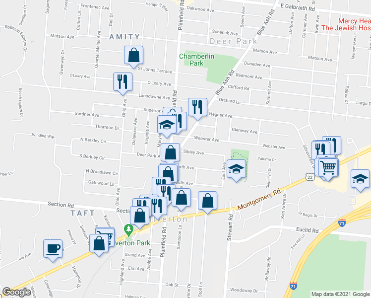 map of restaurants, bars, coffee shops, grocery stores, and more near 7100 Blue Ash Road in Cincinnati