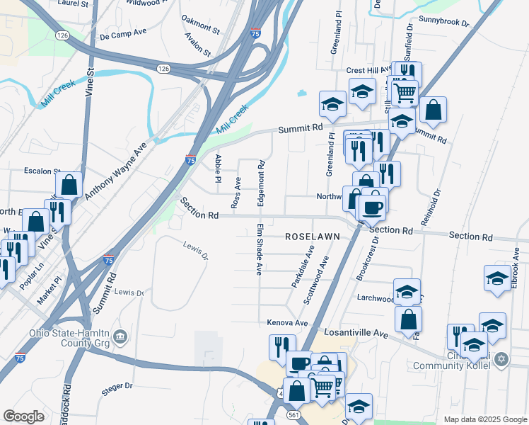 map of restaurants, bars, coffee shops, grocery stores, and more near 1436 Section Road in Cincinnati