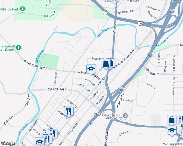map of restaurants, bars, coffee shops, grocery stores, and more near 100 West North Bend Road in Cincinnati