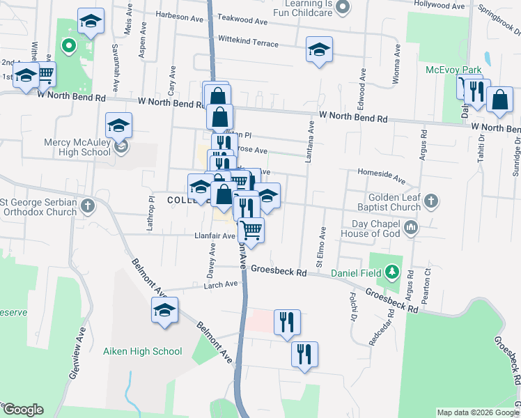 map of restaurants, bars, coffee shops, grocery stores, and more near 1443 Cedar Avenue in Cincinnati