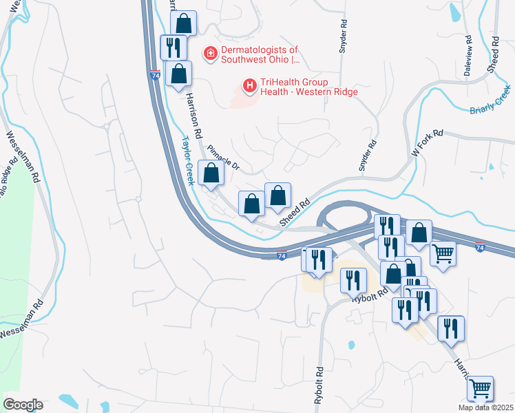 map of restaurants, bars, coffee shops, grocery stores, and more near 6788 Cedar Hills in Cincinnati