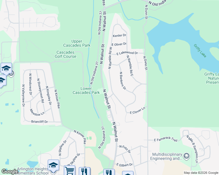map of restaurants, bars, coffee shops, grocery stores, and more near 2900-2998 N Ramble Rd W in Bloomington