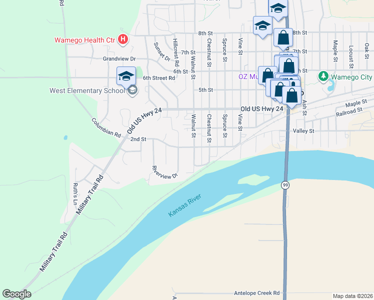 map of restaurants, bars, coffee shops, grocery stores, and more near 1405 2nd Street in Wamego