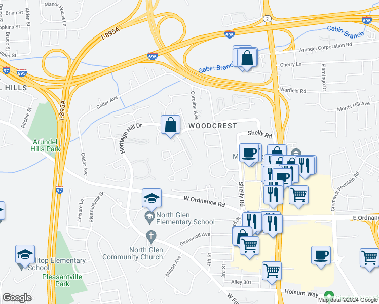 map of restaurants, bars, coffee shops, grocery stores, and more near 6475 Heritage Hill Drive in Glen Burnie