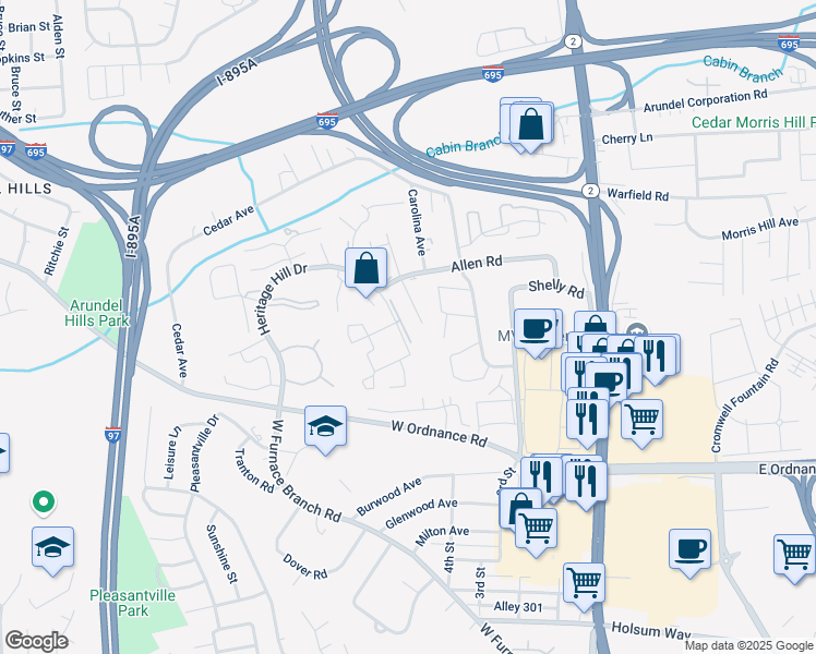 map of restaurants, bars, coffee shops, grocery stores, and more near 6461 Heritage Hill Drive in Glen Burnie