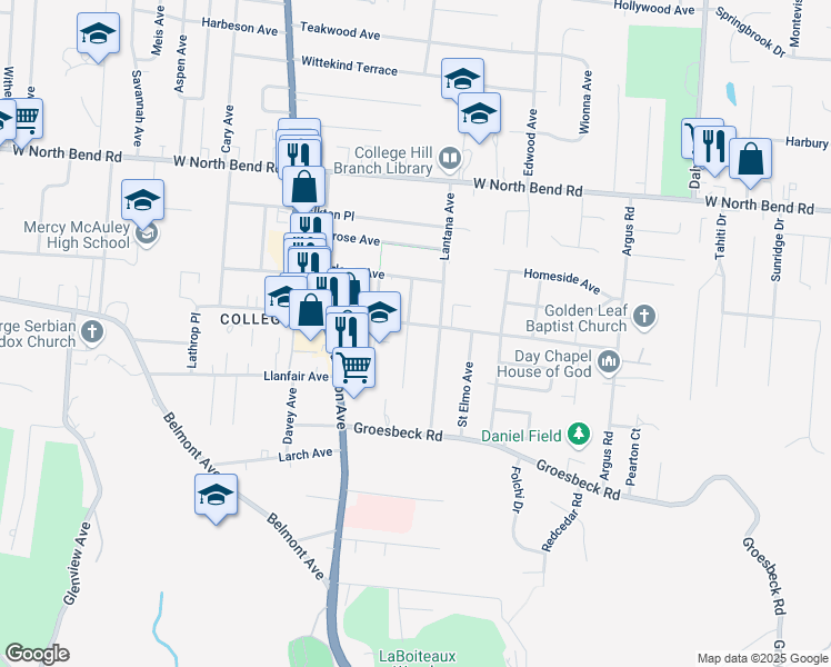 map of restaurants, bars, coffee shops, grocery stores, and more near 1417 Cedar Avenue in Cincinnati
