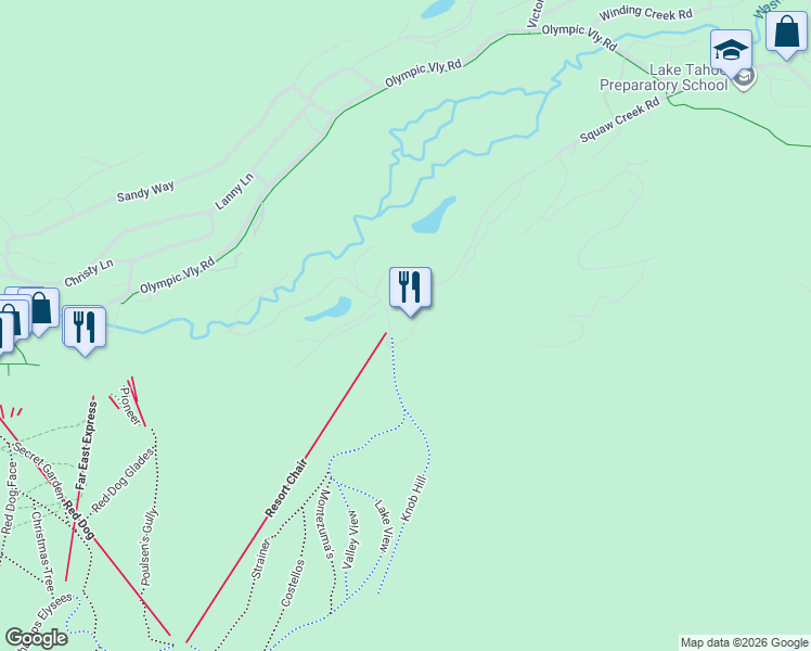 map of restaurants, bars, coffee shops, grocery stores, and more near 400 Squaw Creek Road in Placer County