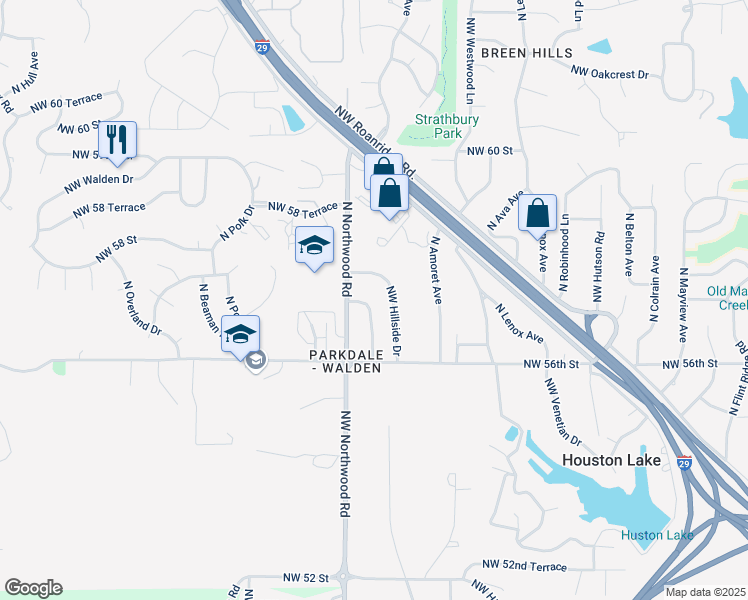 map of restaurants, bars, coffee shops, grocery stores, and more near 5629 North Strathbury Avenue in Kansas City