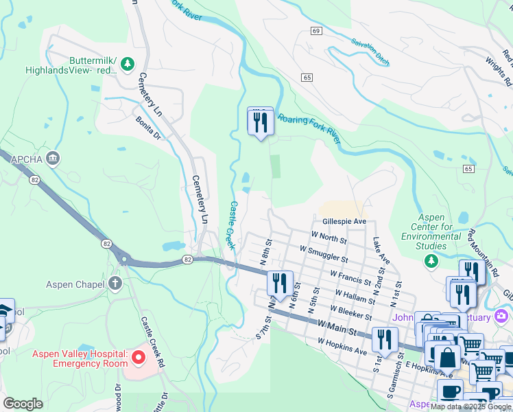 map of restaurants, bars, coffee shops, grocery stores, and more near 700-798 North 8th Street in Aspen