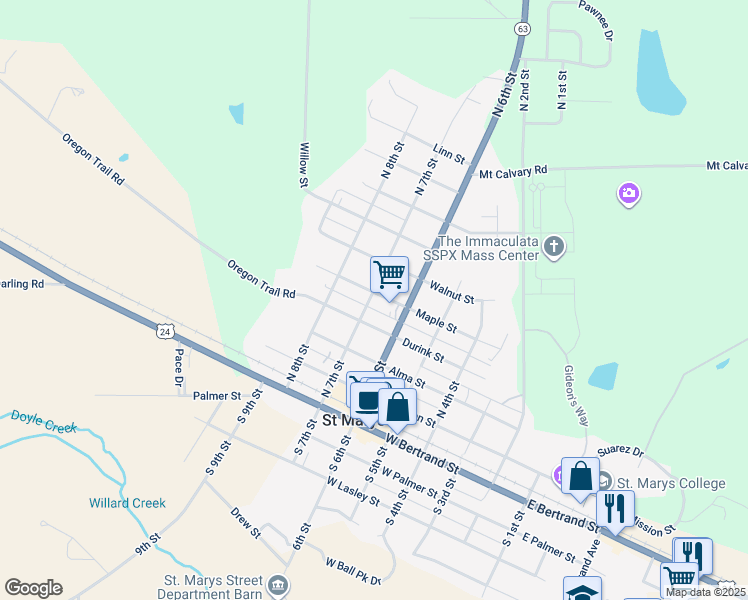 map of restaurants, bars, coffee shops, grocery stores, and more near 409 North 7th Street in Saint Marys