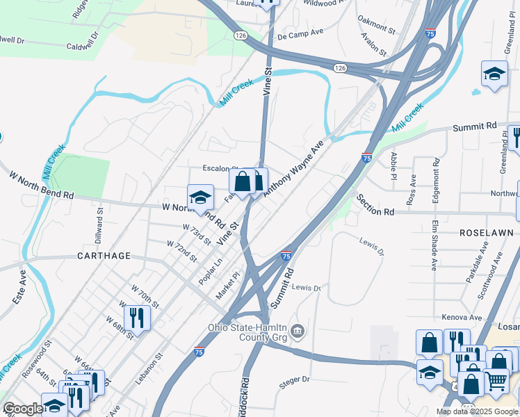 map of restaurants, bars, coffee shops, grocery stores, and more near 9 75th Street in Cincinnati