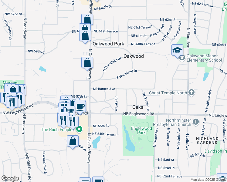 map of restaurants, bars, coffee shops, grocery stores, and more near 5720 North Lake Drive in Kansas City