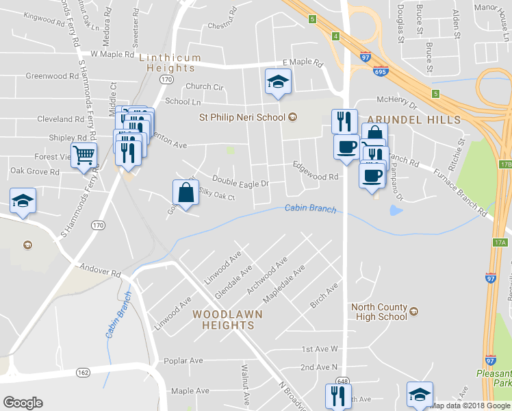 map of restaurants, bars, coffee shops, grocery stores, and more near 10 Meadow Road in Linthicum Heights