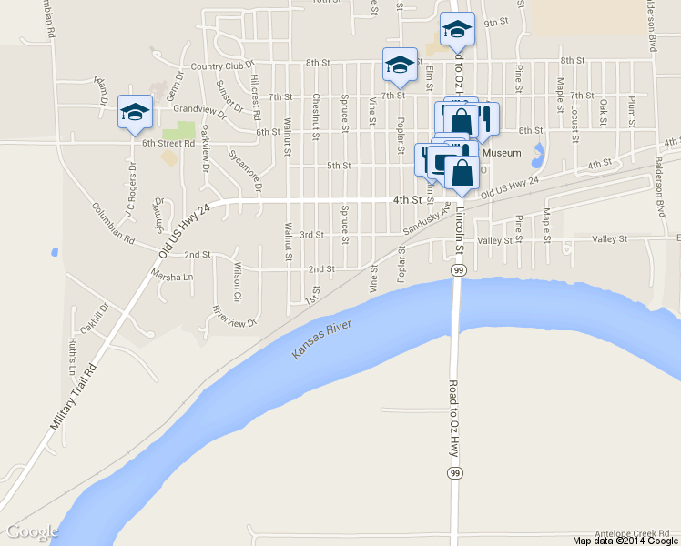 map of restaurants, bars, coffee shops, grocery stores, and more near 115 Spruce St in Wamego