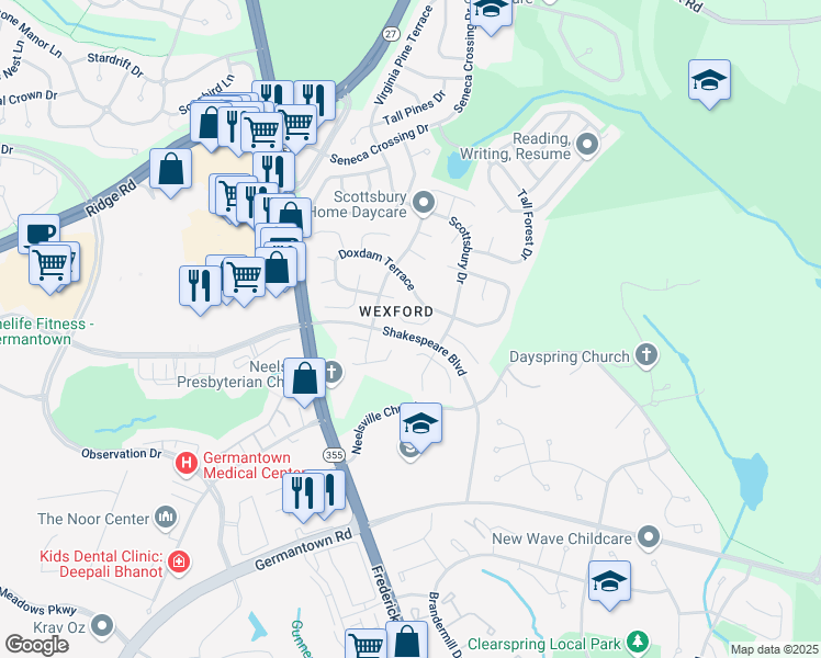 map of restaurants, bars, coffee shops, grocery stores, and more near 11620 Hourglass Way in Germantown