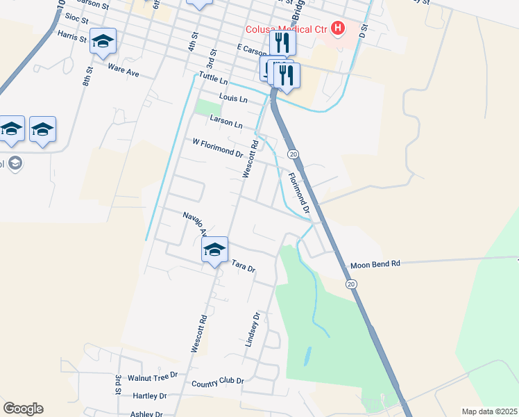 map of restaurants, bars, coffee shops, grocery stores, and more near 121 Cynthia Drive in Colusa