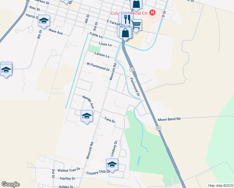 map of restaurants, bars, coffee shops, grocery stores, and more near 121 Cynthia Drive in Colusa