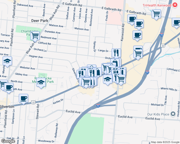 map of restaurants, bars, coffee shops, grocery stores, and more near 7222 Chetbert Drive in Cincinnati