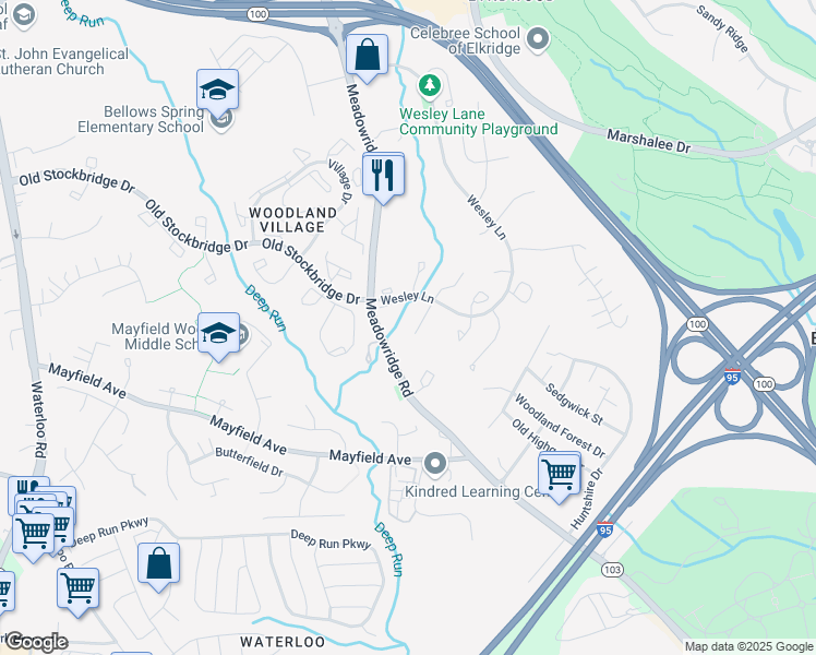 map of restaurants, bars, coffee shops, grocery stores, and more near 6228 Manchester Way in Elkridge