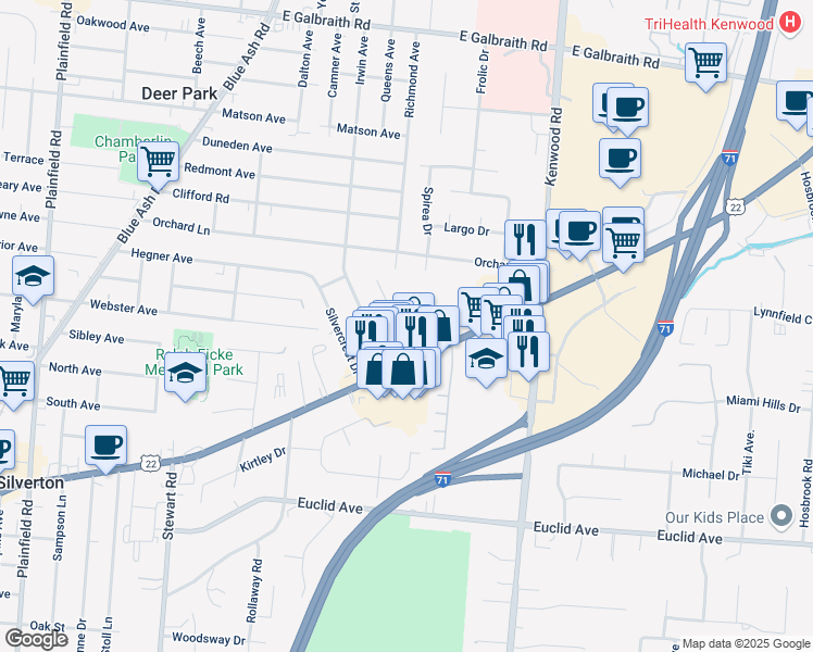 map of restaurants, bars, coffee shops, grocery stores, and more near 7222 Chetbert Drive in Cincinnati