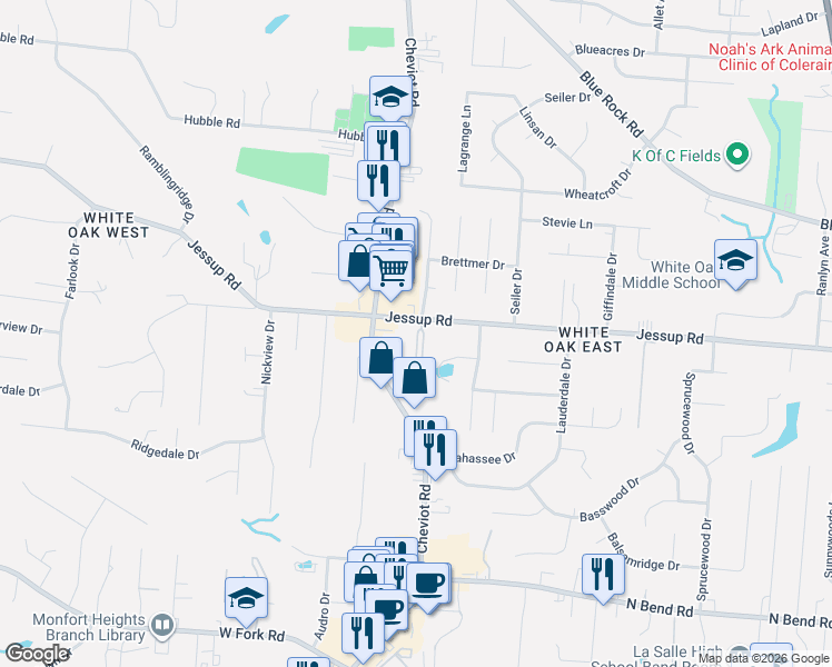 map of restaurants, bars, coffee shops, grocery stores, and more near 3557 Jessup Road in Cincinnati