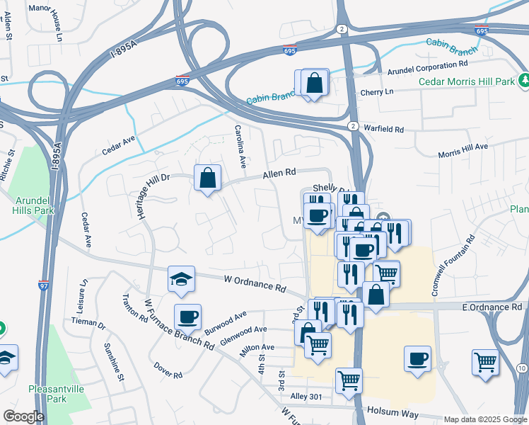 map of restaurants, bars, coffee shops, grocery stores, and more near 101 South Charter Road in Glen Burnie