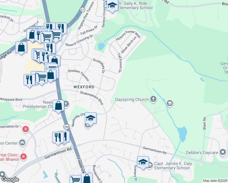 map of restaurants, bars, coffee shops, grocery stores, and more near 11425 Scottsbury Terrace in Germantown