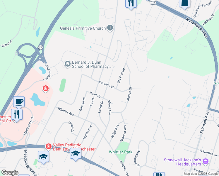 map of restaurants, bars, coffee shops, grocery stores, and more near 412 Lanny Drive in Winchester