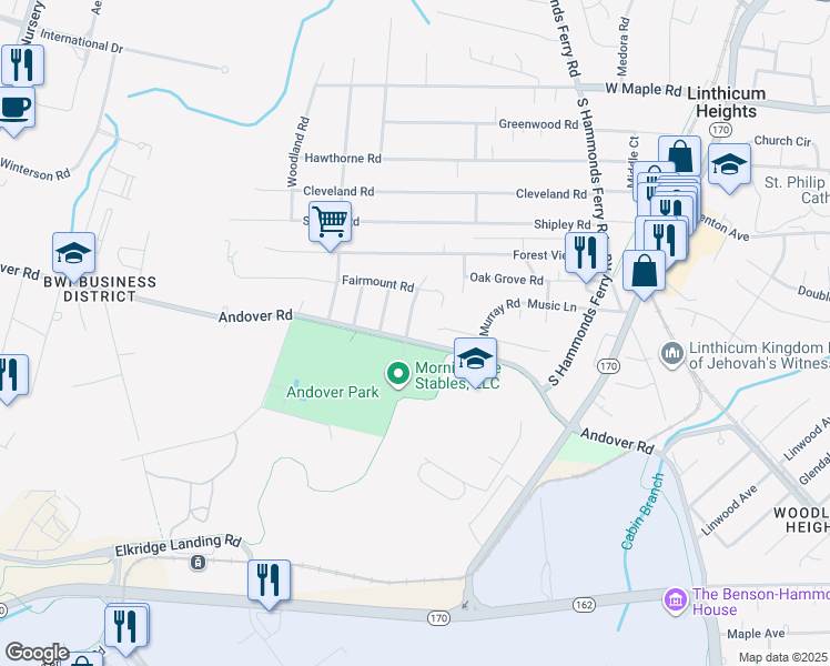 map of restaurants, bars, coffee shops, grocery stores, and more near 613 Brentwood Road in Linthicum Heights