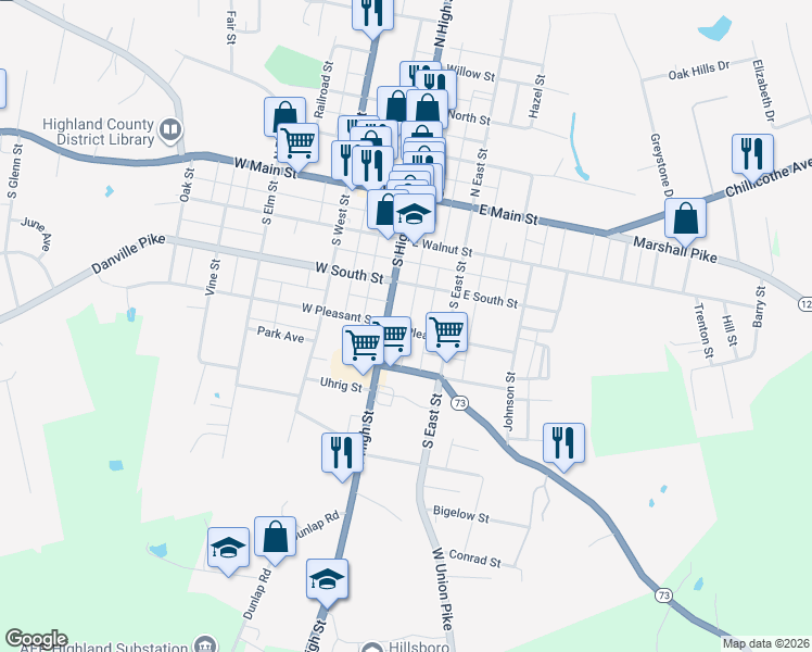 map of restaurants, bars, coffee shops, grocery stores, and more near 122 East Pleasant Street in Hillsboro