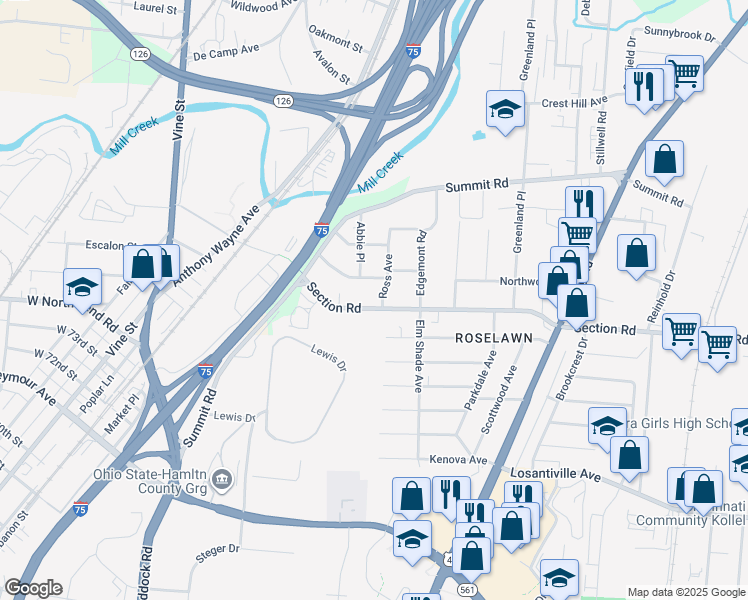 map of restaurants, bars, coffee shops, grocery stores, and more near 1380 Section Road in Cincinnati