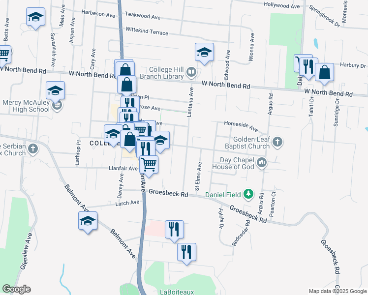 map of restaurants, bars, coffee shops, grocery stores, and more near 1417 Cedar Avenue in Cincinnati