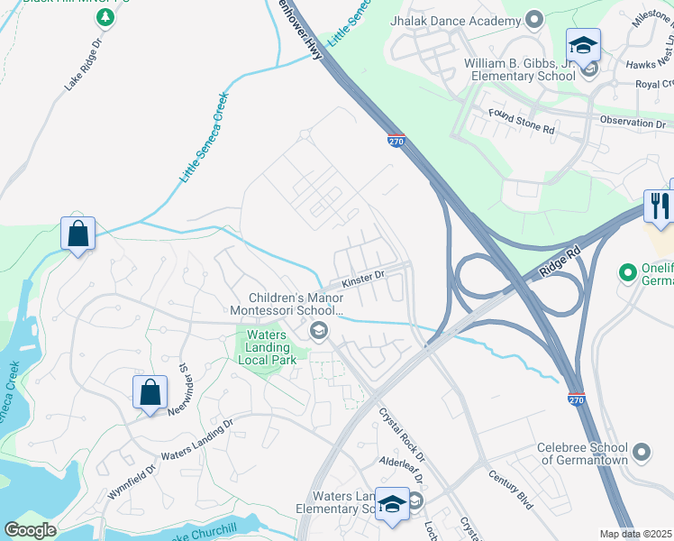 map of restaurants, bars, coffee shops, grocery stores, and more near 13004 Rosebay Drive in Germantown