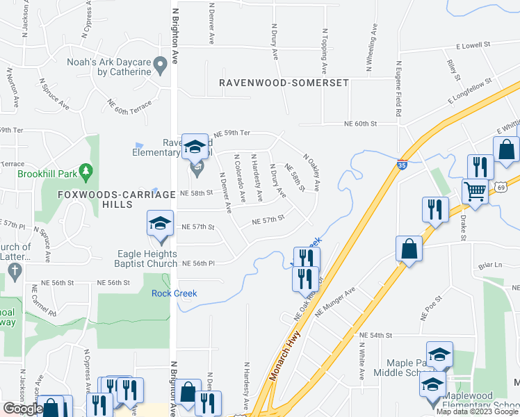 map of restaurants, bars, coffee shops, grocery stores, and more near 5319 Northeast 57th Terrace in Kansas City