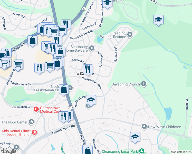 map of restaurants, bars, coffee shops, grocery stores, and more near 20808 Scottsbury Drive in Germantown