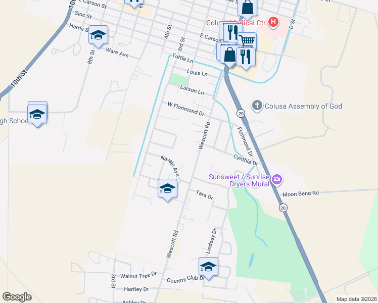 map of restaurants, bars, coffee shops, grocery stores, and more near 1732 Wescott Road in Colusa