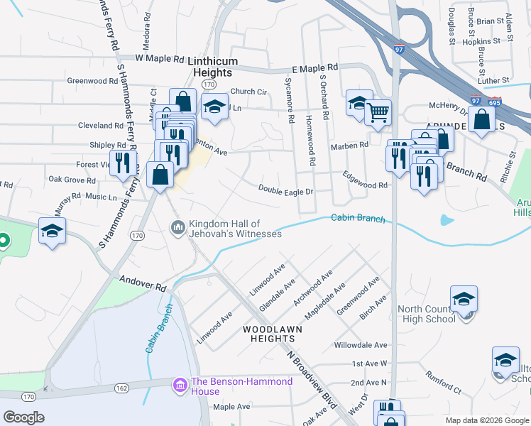 map of restaurants, bars, coffee shops, grocery stores, and more near 309 Silky Oak Court in Linthicum Heights