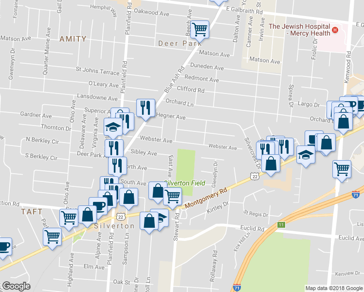 map of restaurants, bars, coffee shops, grocery stores, and more near 4245 Webster Avenue in Cincinnati