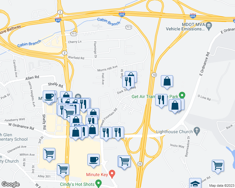 map of restaurants, bars, coffee shops, grocery stores, and more near 6600 Buskin Lane in Glen Burnie