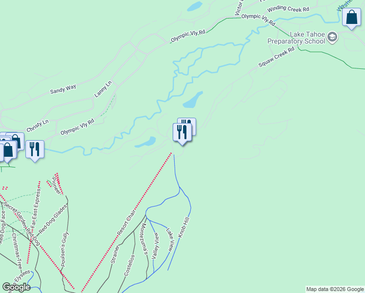 map of restaurants, bars, coffee shops, grocery stores, and more near 400 Squaw Creek Road in Olympic Valley